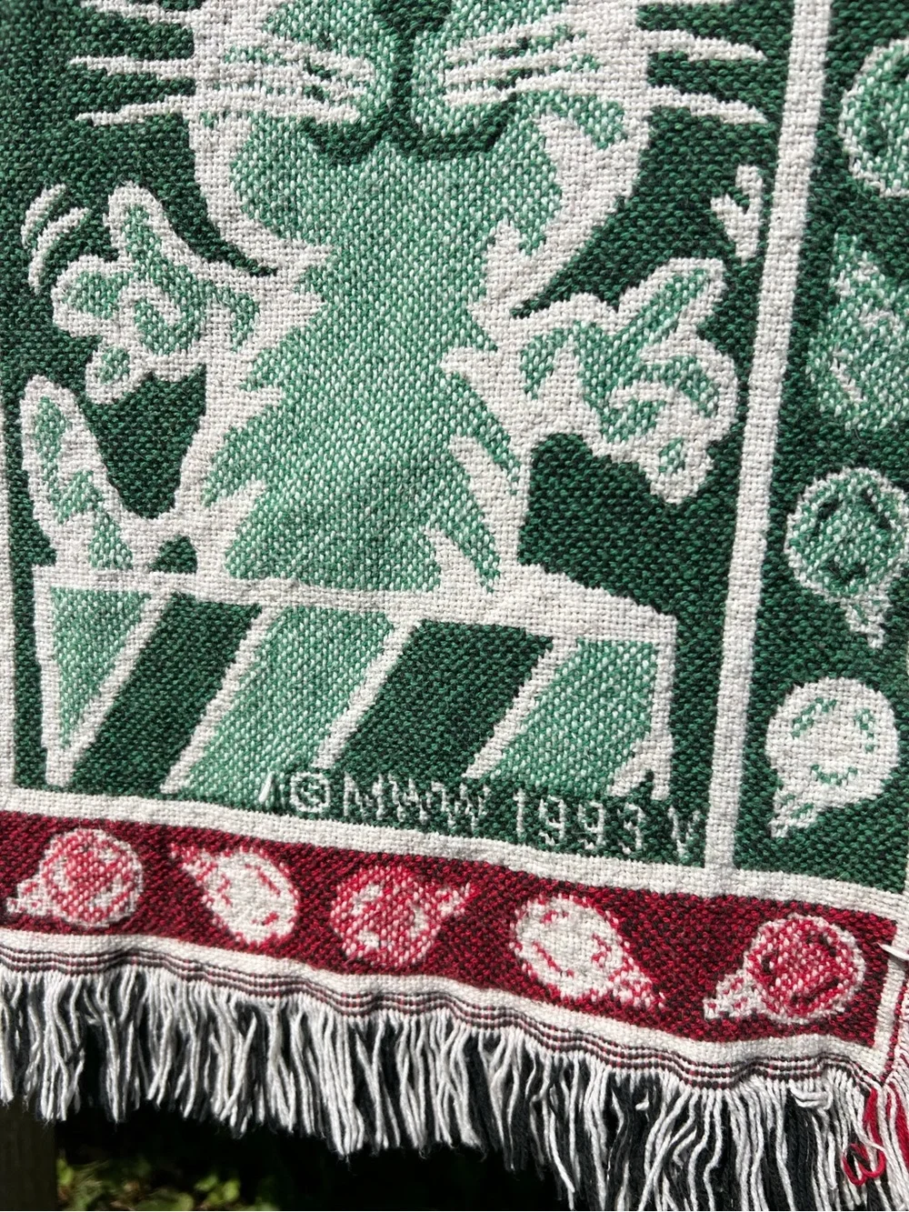 Vintage 1993 Christmas Cats Tapestry Throw Blanket Red Green Fringe